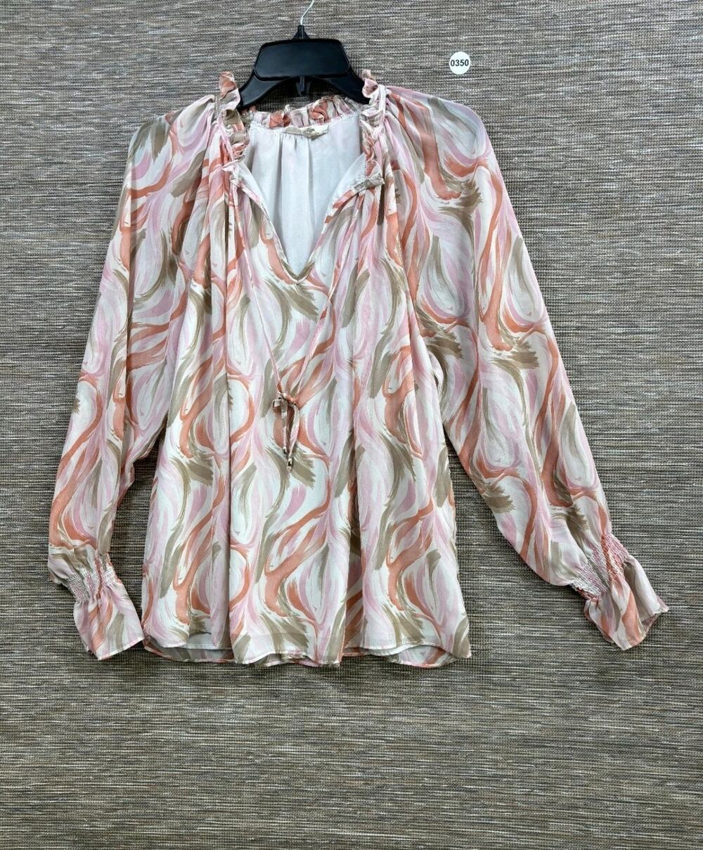 Entro Smocked Geometric Blouse Lined Balloon Sleeve Womens Size M Pink Brown